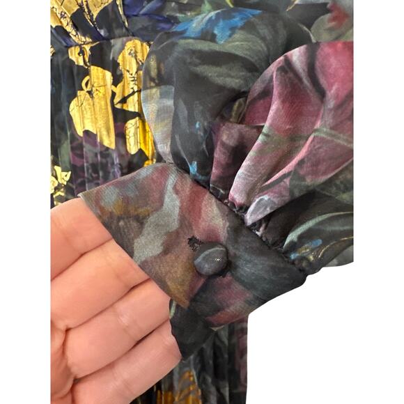 Marchesa Notte Foiled Floral Chiffon Gown Black Gold Metallic Long Sleeve Size 2 - Picture 8 of 11